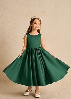 Azazie Doodlebug Blumenmädchenkleider A-Linie Schleifen Matte Satin Kleid Dunkelgrün image4