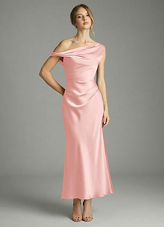 Azazie Emerson Bridesmaid Dresses Powder Pink Mermaid Off the Shoulder Stretch Satin Dress image1