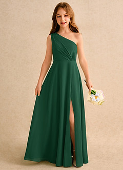 Azazie Puddles Girls Formal vestidos de niña de las flores Vestido de Verde Oscuro de Gasa de Corte en A con Hombro unilateral image1