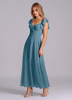 Azazie Leilani 신부 들러리 드레스 A라인 셔링 쉬폰 발목 길이 드레스 image4