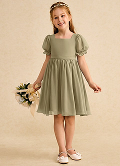 Azazie Jolie vestidos de niña de las flores Vestido de Musgo Verde de Gasa de Corte En A con Con mangas image4