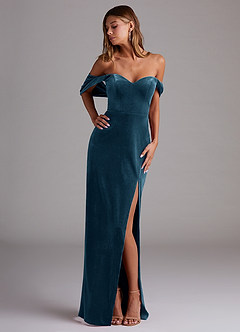 Azazie Shay Bridesmaid Dresses Blue Topaz Sheath Off the Shoulder Velvet Convertible Dress image1