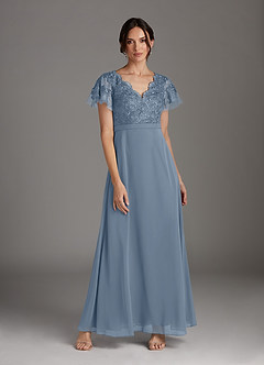 Azazie Singer Mother of the Bride Dresses Dusty Blue A-Line V-Neck Lace Chiffon Dress image1