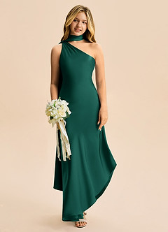 Azazie Briony Junior Emerald Sheath Pleated Stretch Satin Dress image1