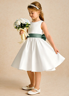 Azazie Sosie Flower Girl Dresses Ivory Eucalyptus A-Line Pleated Matte Satin Dress image3