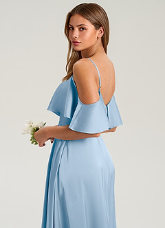 Azazie Jean Bridesmaid Dresses Powder Blue A-Line Off the Shoulder Stretch Satin Dress image7