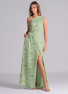 Azazie Phaedra Bridesmaid Dresses Green Fern Floral A-Line One Shoulder Chiffon Dress image3