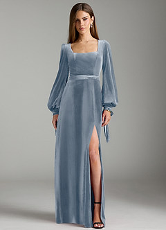 Azazie Leonia Bridesmaid Dresses Dusty Blue A-Line Long Sleeve Velvet Dress image1