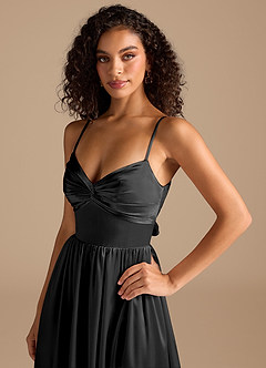 Azazie Zeya Bridesmaid Dresses Black A-Line Pleated Metallic Satin Dress image3