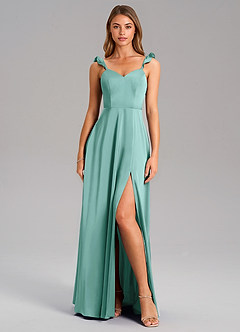 Azazie Everett Bridesmaid Dresses Aqua A-Line Stretch Satin Dress image3