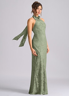 Azazie Velli Vestidos de damas de honor Vestido Pistacho de Devorado Floral de Corte Sirena con Cuello alto image4