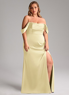 Azazie Saige Bridesmaid Dresses Lemon Sorbet Sheath Off the Shoulder Stretch Satin Dress image13