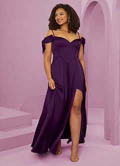 Barbie ♥ Azazie Bridesmaid Dresses Grape A-Line Off the Shoulder Stretch Satin Dress image10