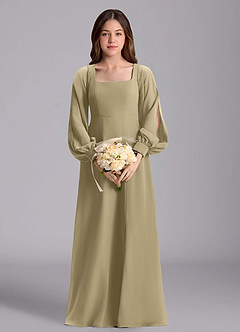 Azazie Bondi Junior Moss Green A-Line Blouson Chiffon Dress image3