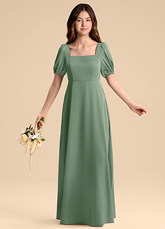 Azazie Briar Junior Vestido de Matcha de Satén Elástico de Corte en A con Lazo image5