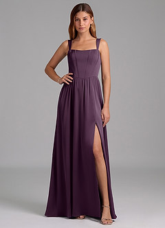 Azazie Rosaline Robes de demoiselle d'honneur Robe Trapèze en Satin extensible Fente Latérale Prune image1