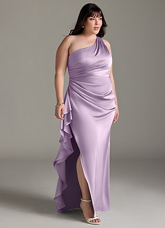 Azazie Latrice Bridesmaid Dresses Frosted Lilac Sheath One Shoulder Cascading Ruffles Stretch Satin Dress image9