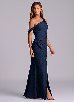 Azazie Madelyn At-home Try On Dresses Dark Navy Mermaid One Shoulder Floral Burnout Convertible Dress image5