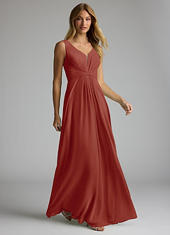 Azazie Gina Bridesmaid Dresses Terracotta A-Line V-Neck Pleated Chiffon Dress image3