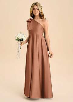 Azazie Penguin Junior Bronzer A-Line Bow Stretch Satin Dress image5