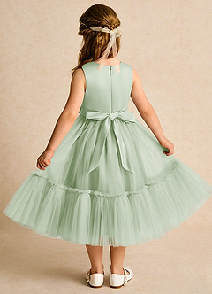 Azazie Miracle Blumenmädchenkleider A-Linie Schleifen Matte Satin Kleid Staubiger Salbeigrün image2