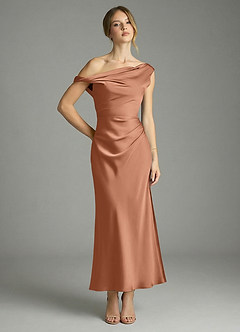Azazie Emerson Bridesmaid Dresses Bronzer Mermaid Off the Shoulder Stretch Satin Dress image1