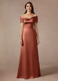 Azazie Amelia Vestidos para mãe da noiva Vestido Argila de Cetim elástico de Linha A com Fora do ombro image3