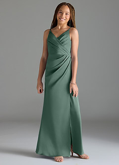 Azazie Maci Junior Eucalyptus Mermaid Pleated Stretch Satin Dress image1