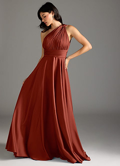 Azazie Charlize Robes de demoiselle d'honneur Robe Trapèze en Satin extensible Ue épaule Terracotta image13