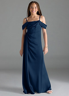Azazie Amyra Junior Dark Navy Sheath Off the Shoulder Stretch Satin Dress image1