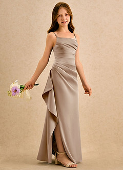Azazie Cannoli Girls Formal Robe Demoiselle D'honneur Fillette Robe Trapèze en Satin extensible Plissée Taupe image1