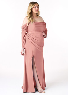 Azazie Hallie Bridesmaid Dresses Rosette Sheath Off-The-Shoulder Long Sleeve Stretch Satin Convertible Dress image11