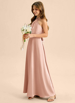 Azazie Beah Junior Rose Gold A-Line Pleated Stretch Satin Dress image7