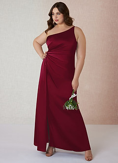 Azazie Mika Bridesmaid Dresses Burgundy Sheath One Shoulder Stretch Satin Dress image8