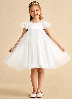 Azazie Munchkin Flower Girl Dresses Ivory Blushing Pink A-Line Bow Tulle Dress image2