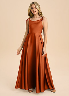 Azazie Popsy Junior Vestido de Naranja Quemada de Satén Elástico de Corte en A con Lazo image3