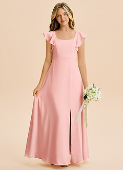 Azazie Bondi Junior Powder Pink A-Line Side Slit Stretch Satin Dress image1