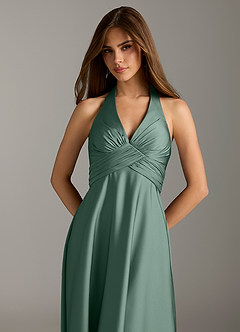 Azazie Tessie Bridesmaid Dresses Eucalyptus A-Line Pleated Stretch Satin Dress image6