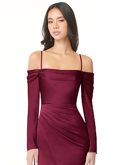 Azazie Hallie Bridesmaid Dresses Burgundy Mermaid Off-The-Shoulder Long Sleeve Stretch Satin Convertible Dress image2