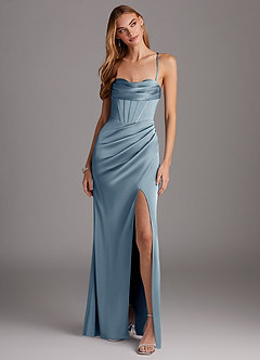 Azazie Brookelle Bridesmaid Dresses Dusty Blue Sheath Sweetheart Corset Stretch Satin Dress image4