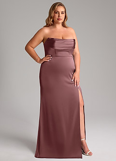 Azazie Saige Bridesmaid Dresses Vintage Mauve Sheath Off the Shoulder Stretch Satin Dress image17