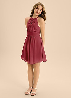 Azazie Bonnie Junior Pomegranate A-Line Pleated Chiffon Dress image4