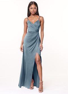 Azazie Maci Brautjungfernkleider A-Linie V-Hals Gefaltet Stretch-Satin Kleid Staubblau image1