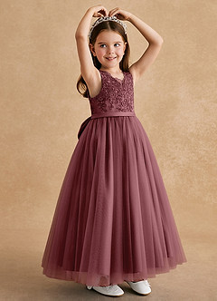 Azazie Cinna Robe Demoiselle D'honneur Fillette Robe Trapèze en Tulle Dentelle Rose Du Désert image3