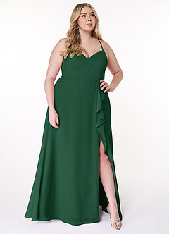 Azazie Naeem Robes de demoiselle d'honneur Robe Trapèze en Mousseline de soie Col V à volants Vert Foncé image9