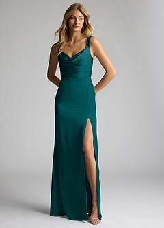 Azazie Elida Bridesmaid Dresses Pine Sheath Pleated Stretch Satin Dress image1