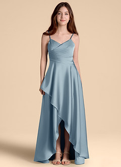 Azazie Prisha Junior Jurk van Stretch Satijn met A-Lijn Geplooid Stoffig Blauw image5