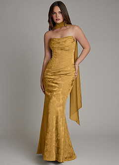 Azazie Electra Bridesmaid Dresses Marigold Jacquard Mermaid Corset Floral Jacquard Dress image1