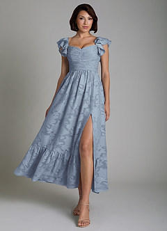 Azazie Anaya At-home Try On Dresses Dusty Blue A-Line Ruched Floral Burnout Dress image1