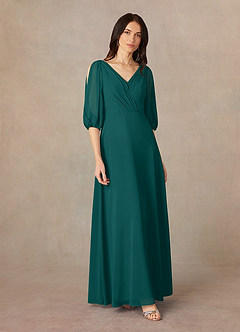 Azazie Bronwyn Abiti per la Madre della Sposa Abito A-Line in Chiffon Increspato con Scollo a V Verde Pavone image2